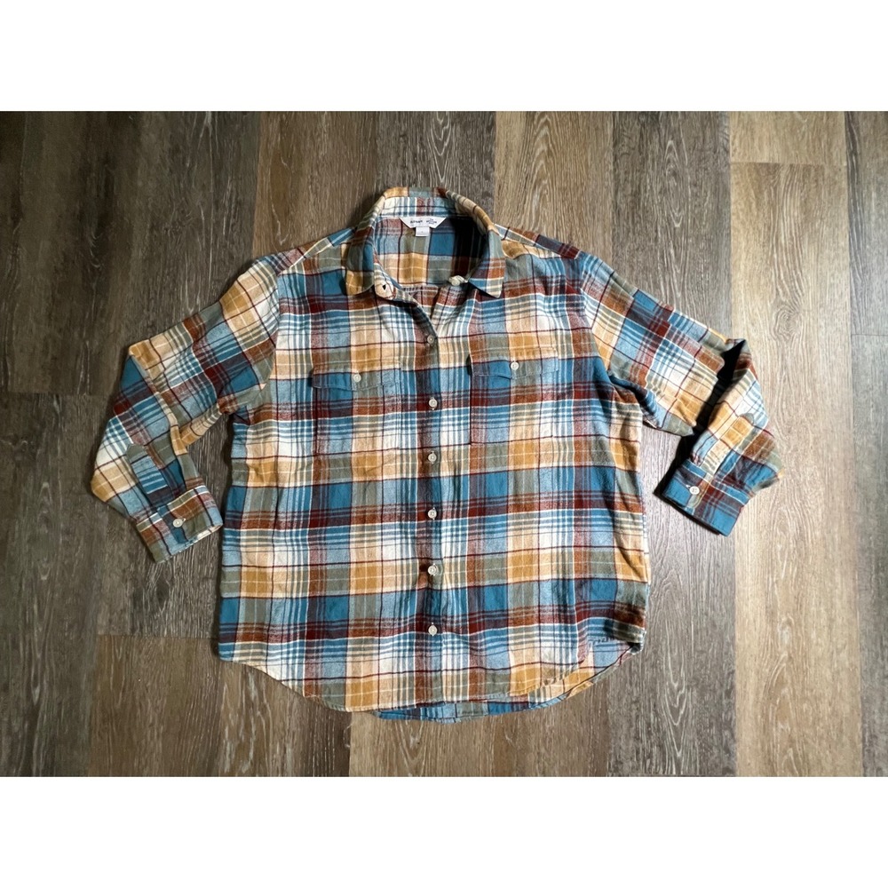 Old Navy Boyfriend Shirt Women L Blue Orange Plaid Excellent Flannel Button Down